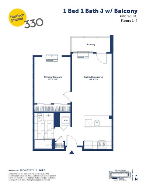 Floor plan for 1 bed, 1 bath, 680 sqft